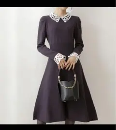 極美品 プロポーションボディドレッシング レースカラー ニットワンピース S