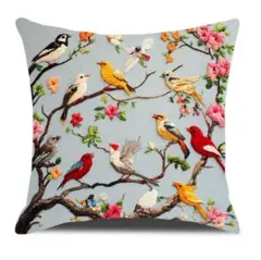 【未使用】鳥と花の刺繍風プリント　クッションカバー　45×45