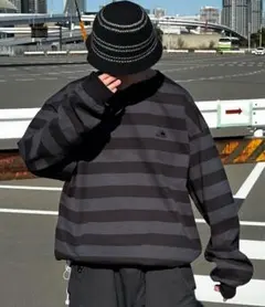 Perushuドローコード付きボーダーロンT ストライプ柄 ブラック/グレー