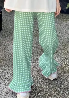 緑色ギンガムチェック柄 フリル裾 カジュアルパンツ