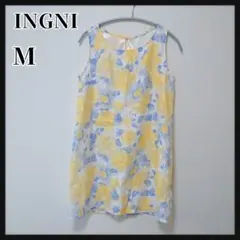 イング ノースリーブ ワンピース M 花柄 水彩 黄色 青