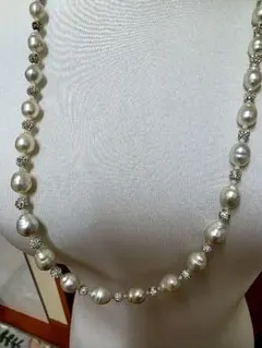 高島屋 テリ良好 大珠アコヤ真珠×クリスタル シルバー ネックレス 82 