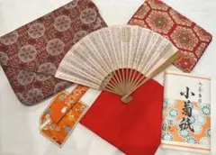 茶道具 お点前　初心者セット 6点　数寄屋袋・袱紗・扇子・懐紙入れ他　裏千家中古のサムネイル
