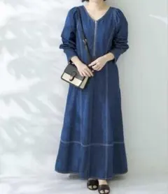 アーバンリサーチサニーレーベル　Vネックフィットデニムワンピース　インディゴ