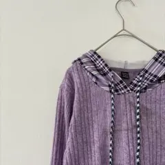 SHEIN【L】チェック柄 パーカー 長袖 紫 異素材切替 カジュアル ゆったり