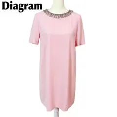 【美品】ダイアグラム 半袖ワンピース ビジュー襟 背面プリーツ 36 無地