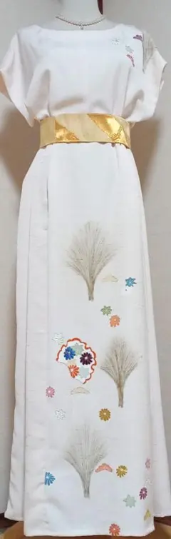 着物リメイクワンピース エレガント ゴールドベルト付き　丈長め