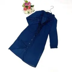 ザラウーマン（S）チュニックワンピース 七分袖 フリル ネイビー 綿100%