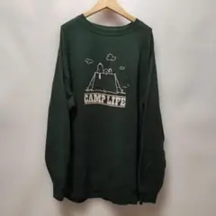 スヌーピーPEANUTS メンズキャンプライフ 深緑色トレーナー L