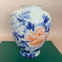 深川製磁 陶器花瓶 ^_^青とオレンジの花柄 陶器花瓶A672