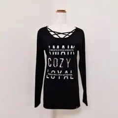 Avail Mode 光沢プリントカットソー クロスネックロンT ブラック【L】