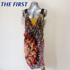 THE FIRST からし色×シフォン アジアン柄 ワンピースのサムネイル