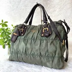 【希少】プラダ　トートバッグ　ギャザー　2way ナイロン　三角ロゴ　カーキ