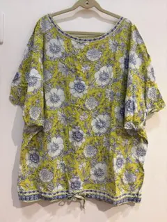 Tunic／鴨居羊子 リネン100% ボタニカル柄ブラウス ブルー 花柄水色 