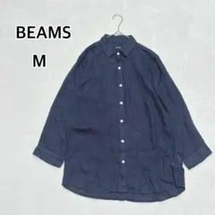美品 BEAMS リネンシャツ ネイビー Mサイズ 7分袖 メンズ i5958