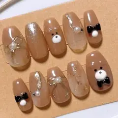 【現品のみ】ショートバレリーナネイルチップ ブラウン　くまさん