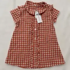 ワンピース　半袖　80 フリル チェック　シャツワンピースボタン