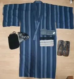 浴衣　ゆかた　7点　セット　青　紺　L　ストライプ