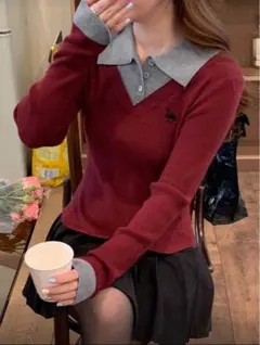 ワインレッド Vネックニットセーター