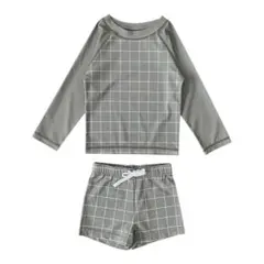 新品 110 キッズ 水着 3点セット ラッシュガード セパレート 緑 チェック