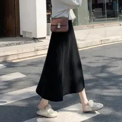 スカート　ニット　シンプル　秋冬　ひざ下　膝丈　ミモレ　フレア　ブラック