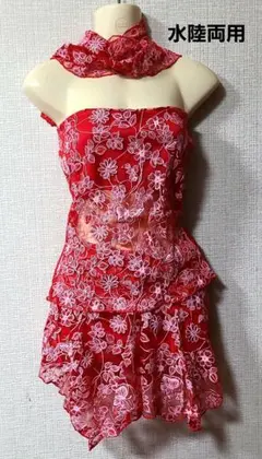 レッド　シルバーラメ花柄刺繍　ベアトップ　スカート　セットアップ