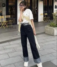 moment+/モーメントプラス ロールアップデニムパンツ M インディゴブルー