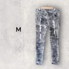 ダメージ＆ムラ染め スキニーデニム M グレー 伸縮性あり