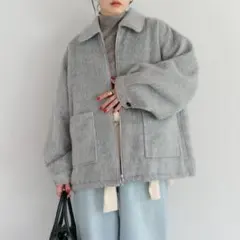 ボンジュールサガン Wジップ シャギー ミドルブルゾン アウター コート グレー