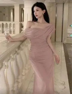 SHINE DAZY 女性用 無地 斜めカラー 半袖 ミドル丈ドレス