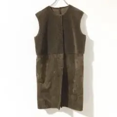 【レリューム】エコファーロングベスト　裏起毛　ボア切り替え　ジレ　ブラウン