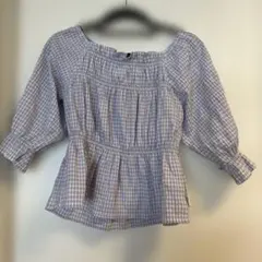 紫と白のギンガムチェック 半袖シャツ