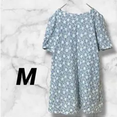 1058　花柄ワンピース　レース　ブルー　ホワイト　膝丈　上品　Ｍ