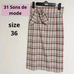 31 Sons de mode チェック柄タイトスカート ピンク リボン付き
