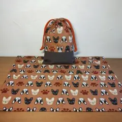 犬柄の給食袋とランチマットセット　フレンチブルドッグ