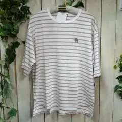 MK708-3★moz ボーダー Tシャツ ロゴ刺繍　 ホワイト ベージュ★Lのサムネイル