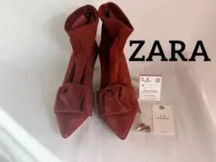 ZARA★リアルレザーショートブーツ35/レッド/リボン付きブーツ/本革靴