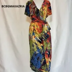 BCBGMAXAZRIA ワンピース アート柄 カシュクールドレープ美ライン総柄