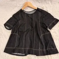 『HIROKOBIS』ダーク色デニム柄半袖シャツ アイロンいらず　伸び縮み　刺繍のサムネイル