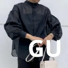 GU シアーボリュームスリーブ ブラウス ブラック　2WAY 透け感あり　Sのサムネイル