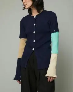 美品✨HeRIN.CYE ニットカーディガンデザインスリーブ　紺　長袖