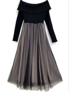 GRLグレイルオフショルニットチュールフレアワンピース[dr744]