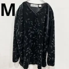 ヴィンテージ風 【M】ベロア Vネックカットソー ブラック 総柄 リーフ 葉