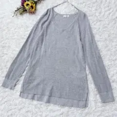 GAP　ギャップ【L】コットン混長袖ニット　Vネック　後ろ長め　シンプル　グレー