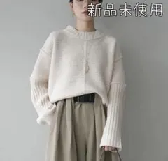 再販！リュミエ同型/編み地切替ボトルネックニットプルオーバー/ホワイト