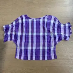 パープル チェック柄 半袖ブラウス