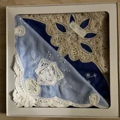 SwatowBlueレースハンカチ手刺繍新品スワトウ　デッドストックヴィンテージ