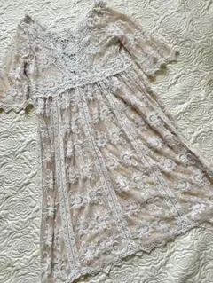 レース ベージュ フレアスリーブ ワンピース