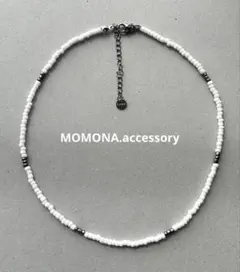 #96 ホワイト×ブラックシルバー　ビーズネックレス