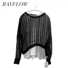 BAYFLOW 透け感エアリー素材 ハシゴメッシュニットプルオーバー 黒 M 短